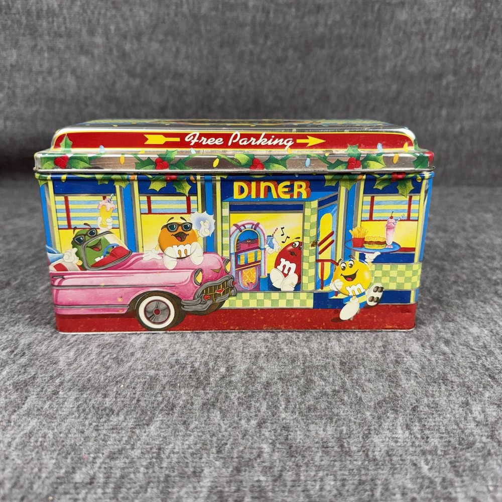 Vintage M&M's Christmas Holiday Village Diner Tin Canister 1996 Multi Color